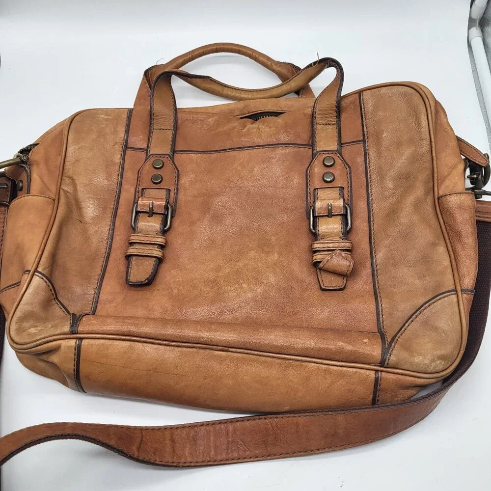 FOSSIL Brown Leather Laptop Bag Satchel Messenger Shoulder Strap y2k acadamia - Picture 5 of 16